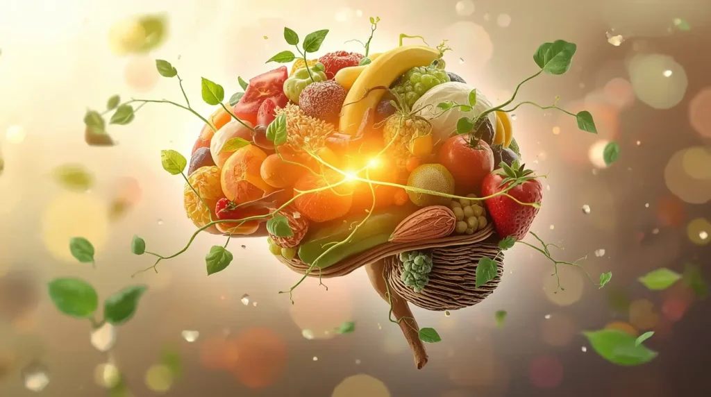 Cerebro formado por frutas y verduras que simboliza la conexión entre dieta vegetal, ayuno intermitente y salud neurológica