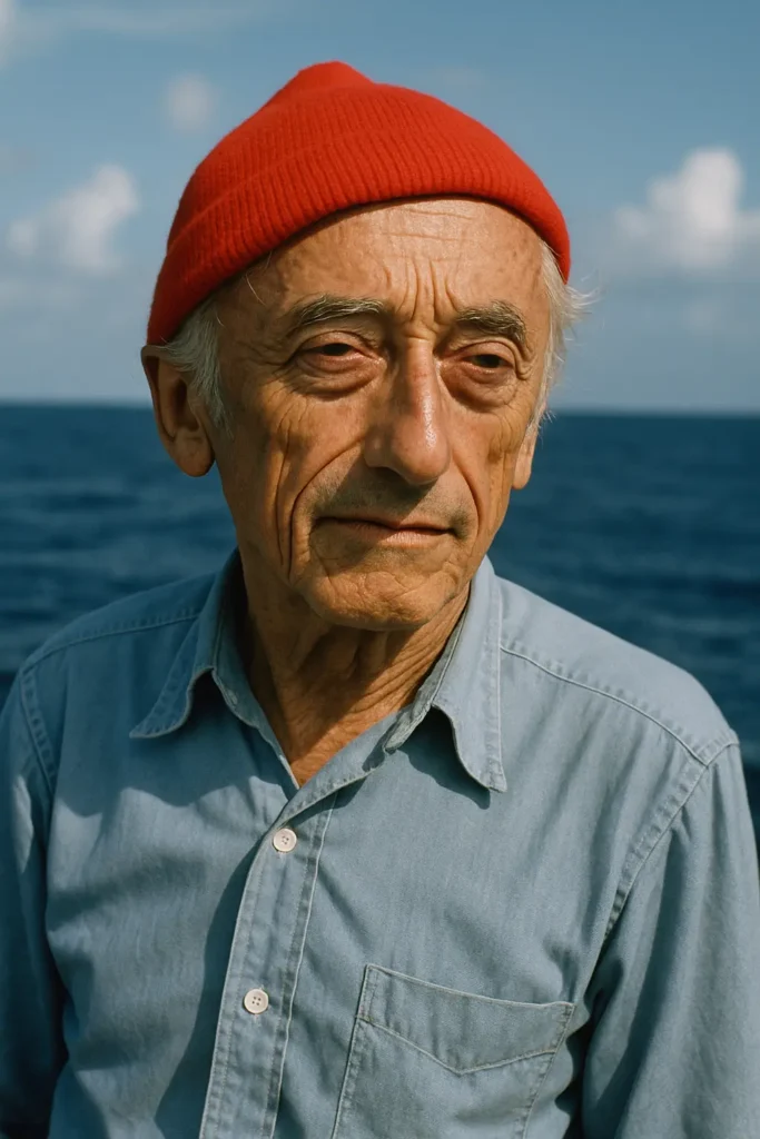 Retrato histórico de Jacques Cousteau con fondo oceánico, símbolo de la protección marina
