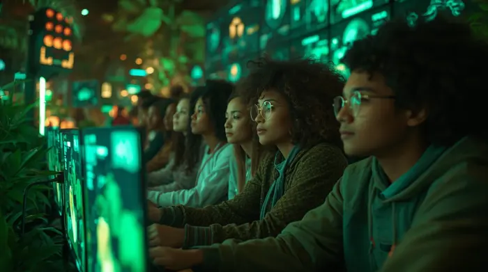 Jóvenes viendo contenido sobre veganismo en streaming rodeados de naturaleza y tecnología verde